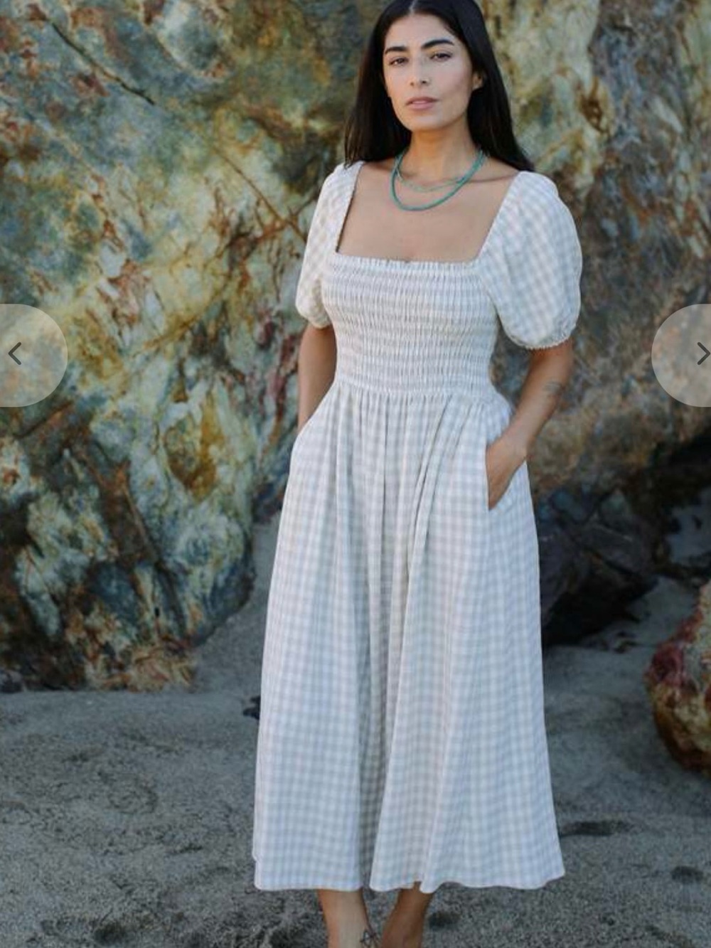 Rachel Pally Barrett dress- Smocked Square-Neck Gingham Midi Dress
